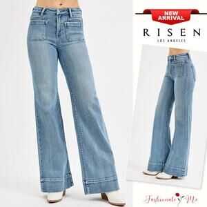 RISEN High Rise Waist Patch Pocket Design Medium Washed Wide Flare Denim Jeans